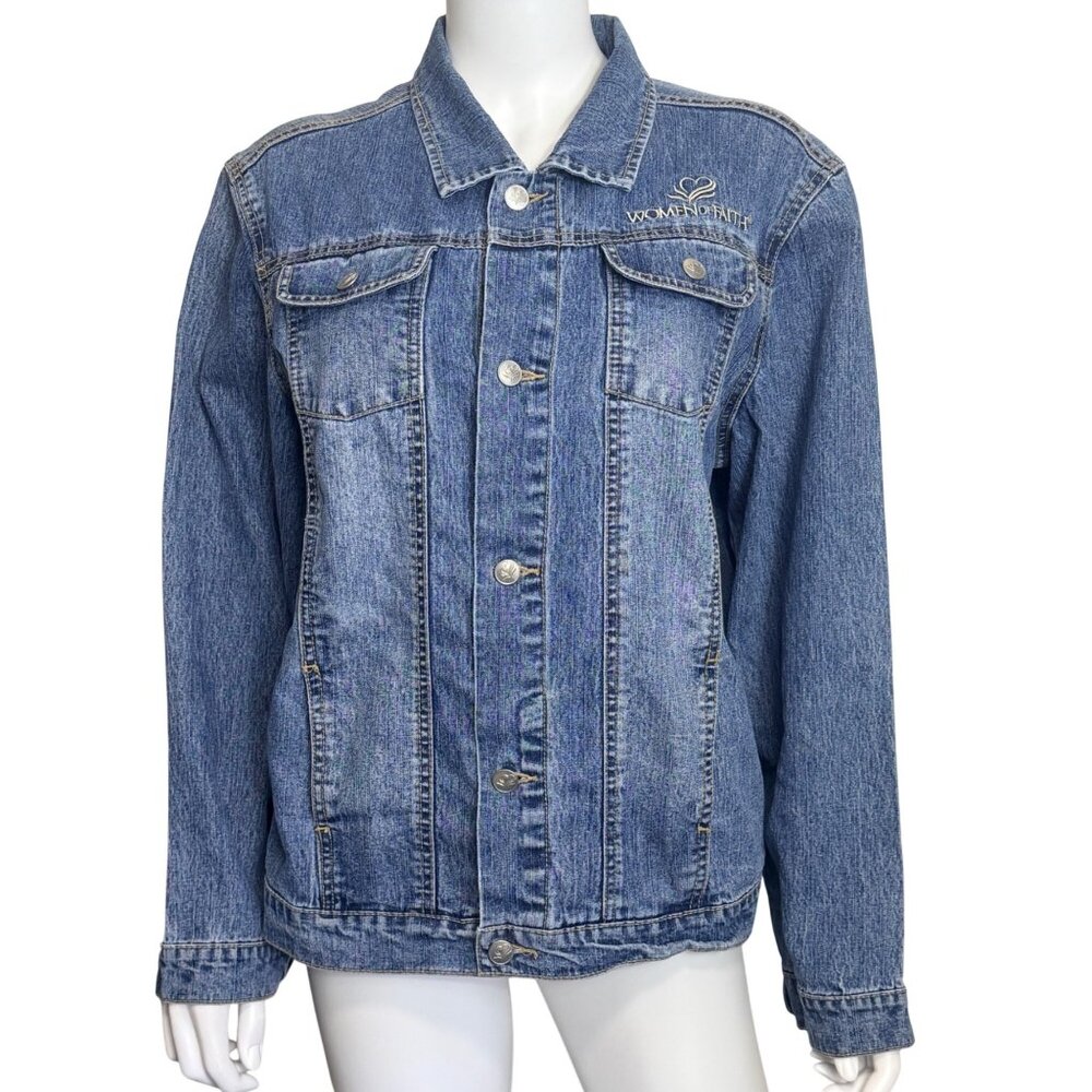 Women of Faith Denim Jacket M Blue Embroidered Button Front  Long Sleeve Pockets